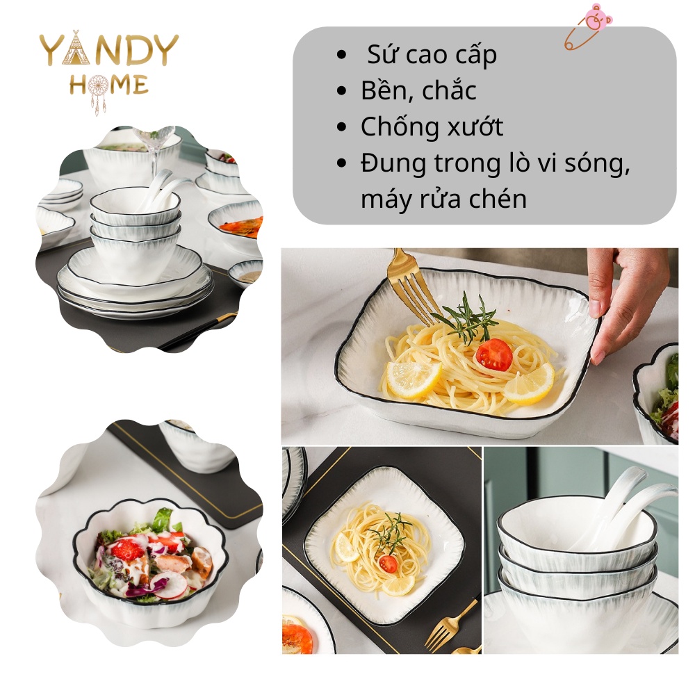 Bát đĩa tô chén gốm sứ YANDY HOME BB15 chất men cao cấp trắng đen viền mưa sang trọng siêu dày dặn