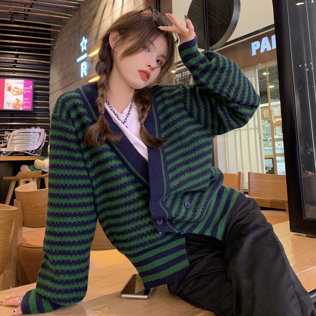 Áo Khoác Cardigan Dệt Kim Dáng Rộng Họa Tiết Kẻ Sọc Thời Trang Mùa Thu Phong Cách Hàn Quốc Mới Cho Nữ