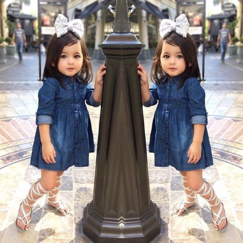 Kids Girls Blue Denim Dress Baby Newborn Turn-down Collar Button Sundress Clothes
