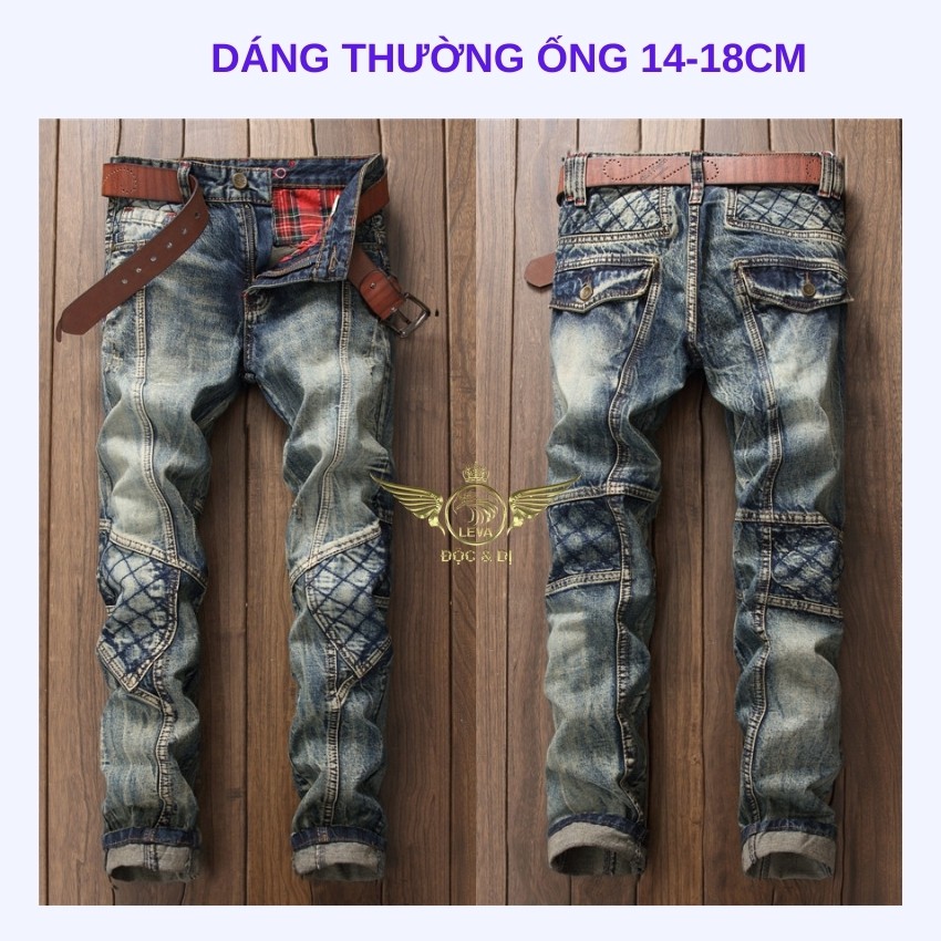 Quần jean nam ống suông cao cấp độc lạ LEVAMEN chất liệu cotton không co giãn Motorbike nhăn gối may phối chỉ QJ060 | BigBuy360 - bigbuy360.vn