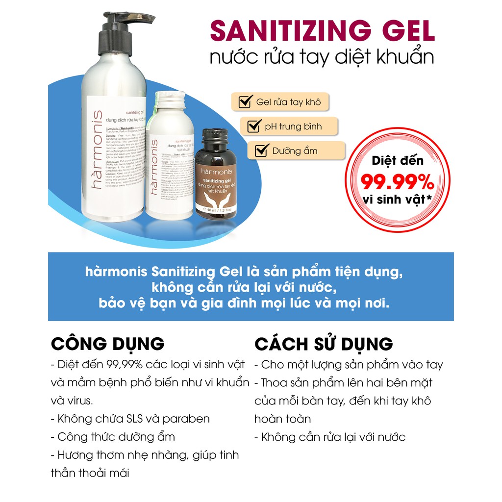 Nước rửa tay khô hàrmonis Hand Sanitizing Gel, diệt khuẩn 99.9%, không gây khô da, không chứa Paraben, SLS | BigBuy360 - bigbuy360.vn