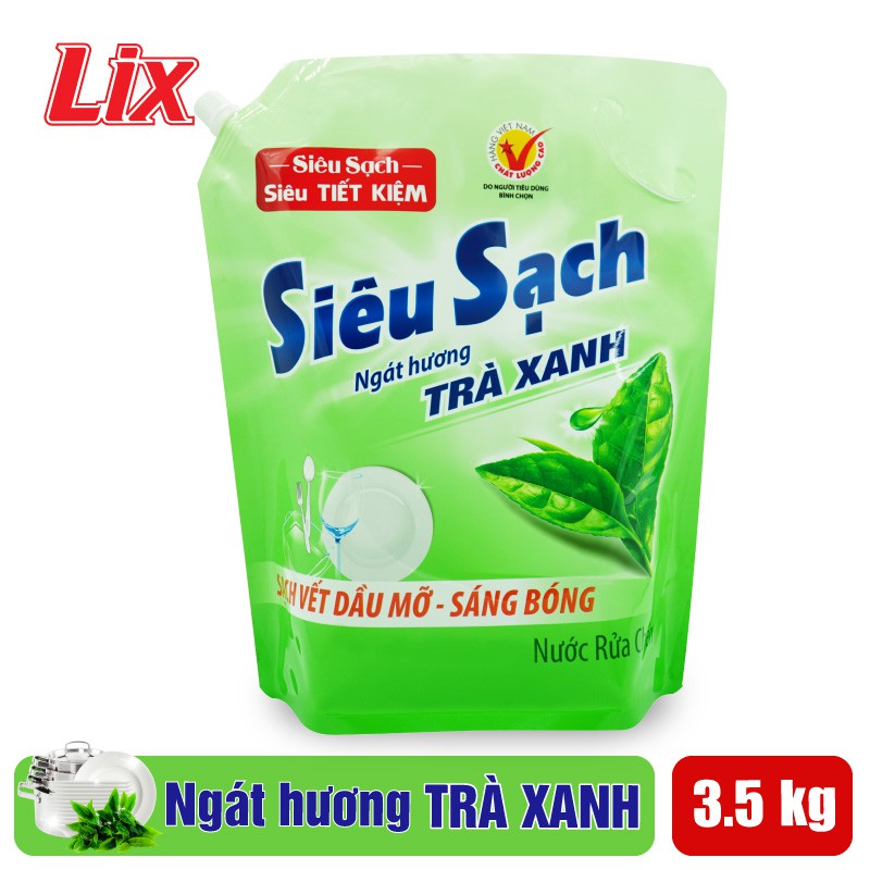 [Mã LTP50 giảm 50K đơn 150K] Nước Rửa Chén LIX 3.5KG Siêu Sạch Trà Xanh loại Túi - N8101