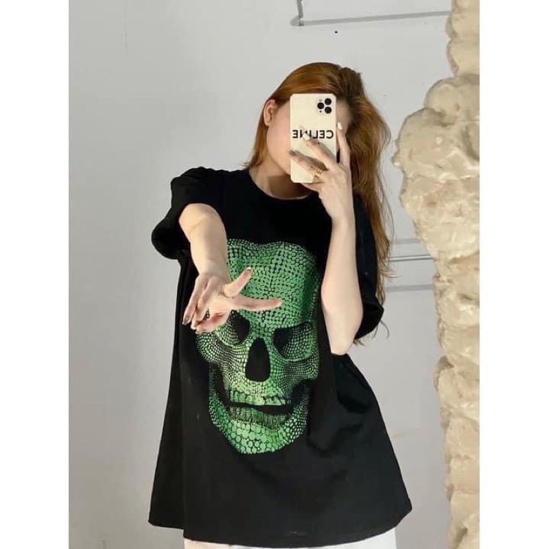 Áo Phông Nam Nữ Unisex Hình Đầu Lâu Xanh,Áo Thun Vintage 3158 Sọ Ma Ulzzang Hot