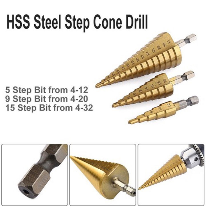 Bộ mũi khoan tháp 3 bước thẳng 4-20mm
