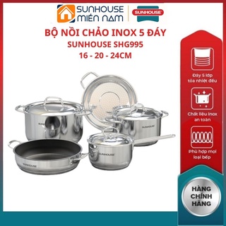Bộ nồi inox 5 món đáy từ SHG995 SUNHOUSE đáy nồi 5 lớp truyền nhiệt đều giữ nhiệt tốt đa dạng kích cỡ