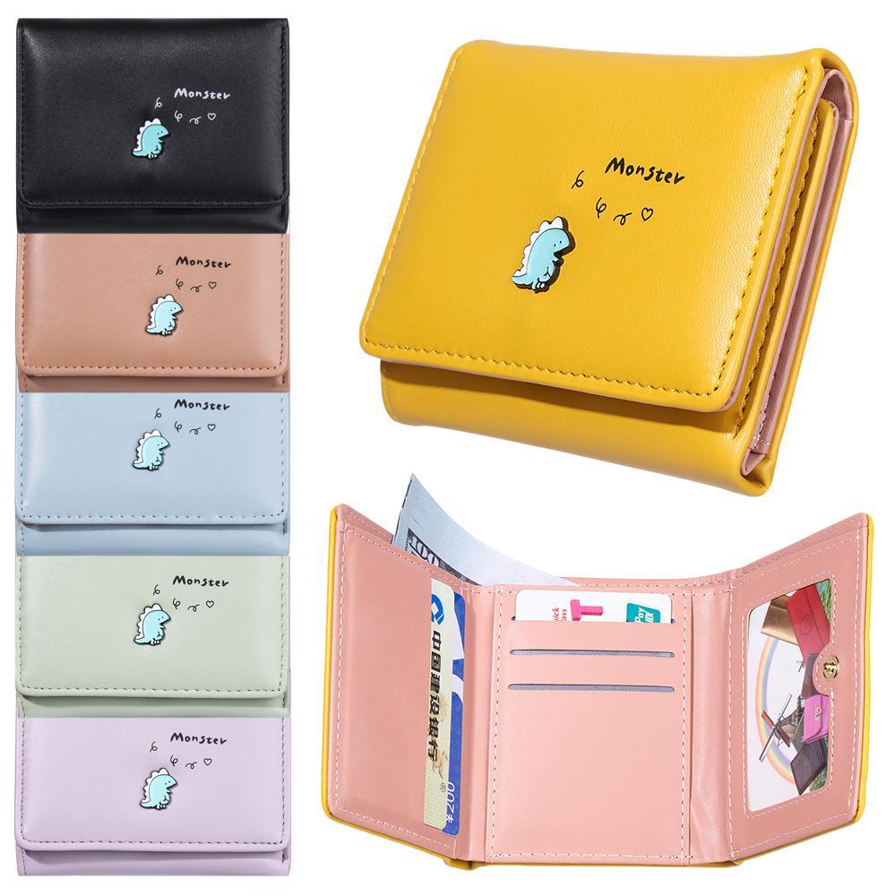 EBINLANDS Ví Da PU Đựng Thẻ Dạng Gập Họa Tiết Khủng Long Hoạt Hình Dễ Thương Cho Nữ Giá Đỡ