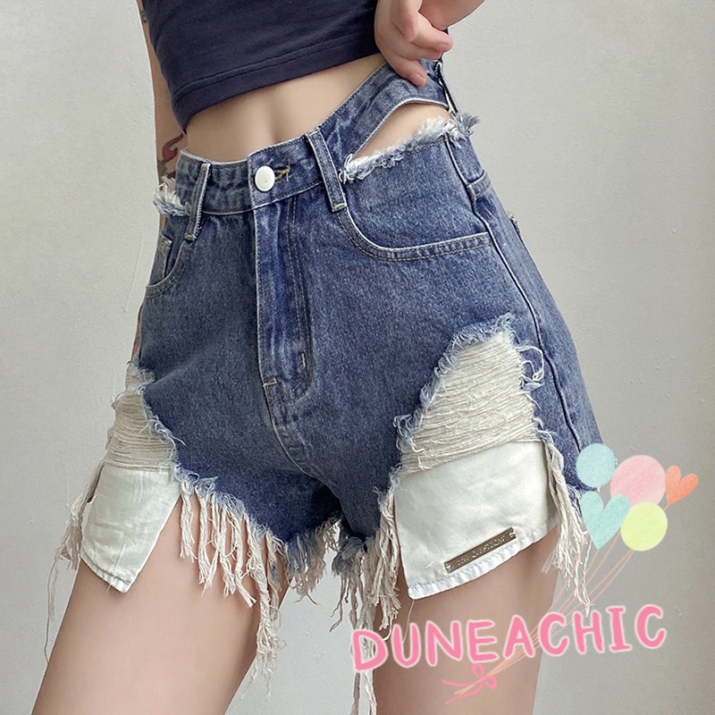 DUNEA Quần Short Denim Lưng Cao Phối Rách Kiểu Đường Phố Cá Tính Cho Nữ
