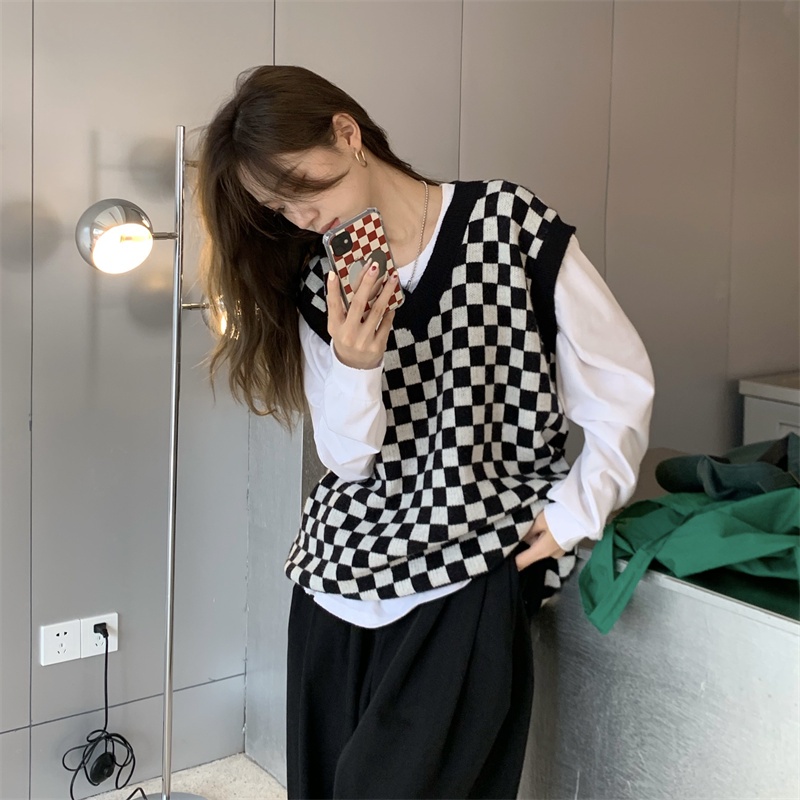 Áo gile nữ len ulzzang cổ chữ V họa tiết kẻ ô đen trắng - AL06 | BigBuy360 - bigbuy360.vn