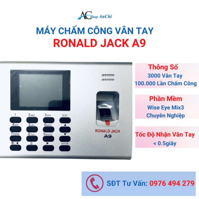 [ CHÍNH HÃNG ] Máy chấm công vân tay Ronald Jack A9 - Phần mềm Tiếng Việt Wise Eye Mix 3 Online