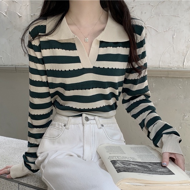 Áo dệt kim ZHELIHANGFEI tay dài cổ bẻ dáng ôm họa tiết kẻ sọc thời trang cho nữ