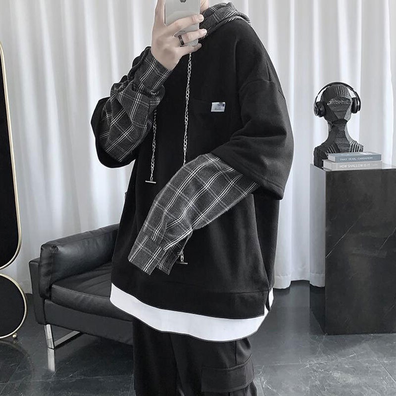 Áo hoodie len tay dài dáng rộng giả hai lớp phong cách hàn quốc thời trang xuân thu cho nam | BigBuy360 - bigbuy360.vn