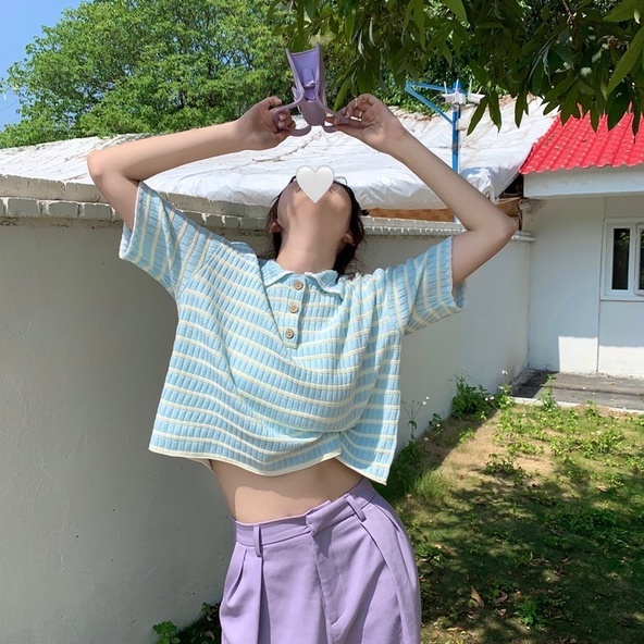 Áo thun polo dệt kim ZHELIHANGFEI tay ngắn dáng rộng họa tiết kẻ sọc thời trang cá tính cho nữ