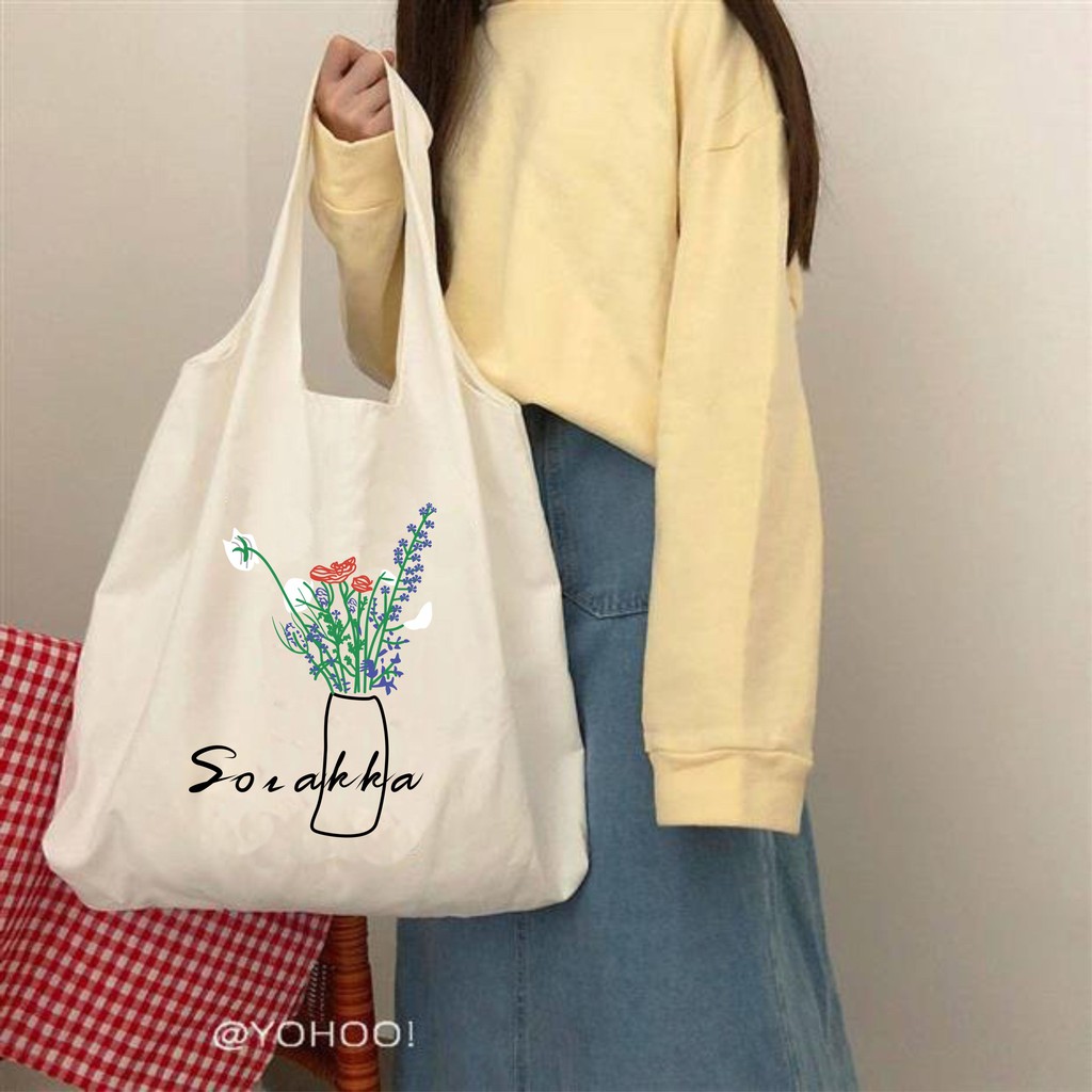 [TẶNG QUÀ HẤP DẪN] Túi tote vải bố đựng đồ canvas in hình bình hoa phong cách Hàn Quốc
