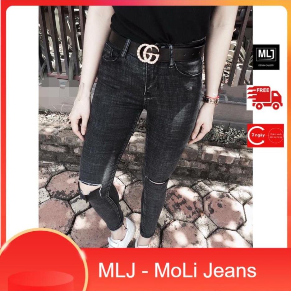 Quần jean dài Bigsize màu đen đốm muối tiêu, lưng cao, co dãn mạnh, Rách 2 gối ! ! !