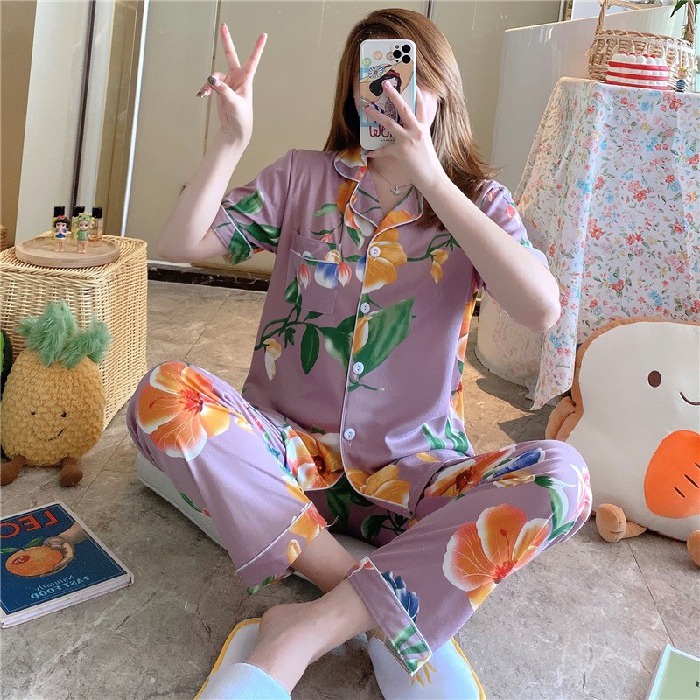Bộ Đồ Ngủ Tay Ngắn Chất Liệu Cotton In Họa Tiết Xinh Xắn Thời Trang Cho Nữ