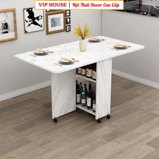 Bàn Ăn Gấp Gọn Thông Minh Kèm Kệ Để Đồ Đa Năng, Bàn Ăn Gỗ Vân Đá Cẩm Thạch Có Bánh Xe KT140x80cm DH-BGK2066