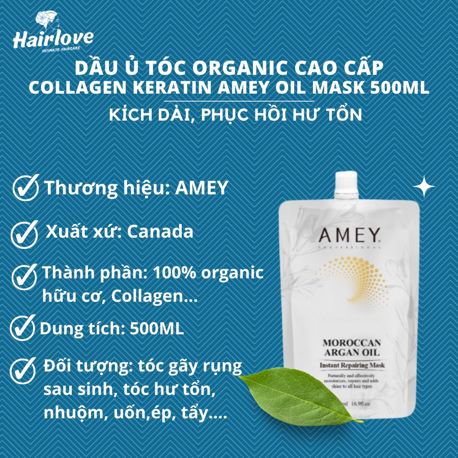 Kem ủ tóc, hấp tóc phục hồi tóc hư tổn Amey Organic Canada 500ML siêu mềm mượt chăm sóc tóc khô xơ Chính Hãng  HAIRLOVER