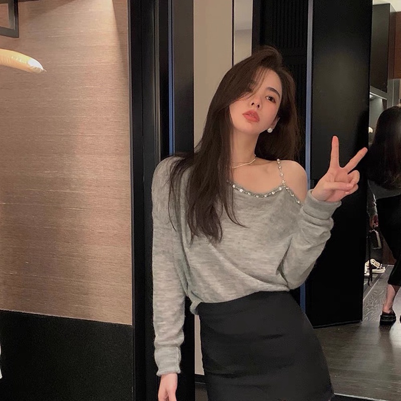 IELGY Áo sweater Tay Dài Hở Vai Màu Sắc Đơn Giản Dành Cho Nữ