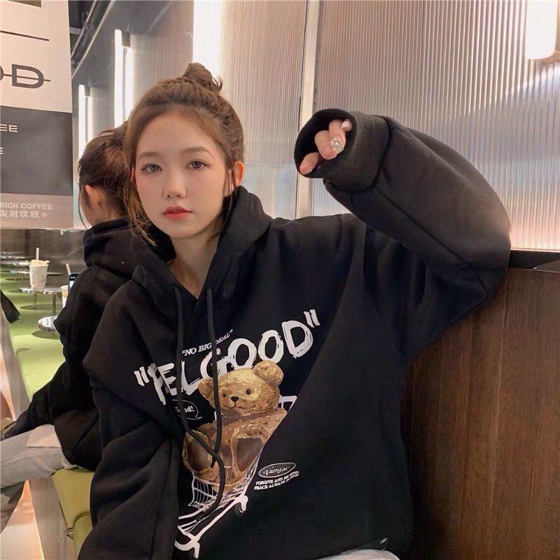 Áo hoodie nam nữ form rộng 2N Unisex nỉ bông FEEL GOOD màu đen/be