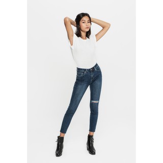 TheBlueTshirt - Quần Jeans Skinny Nữ Rách Gối Màu Đậm - True Blue Wash