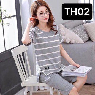 [XẢ KHO] BỘ MẶC NHÀ NỮ COTTON QUẦN LỬNG ÁO KẺ XẺ TÀ TH02 [KÈM ẢNH THẬT]
