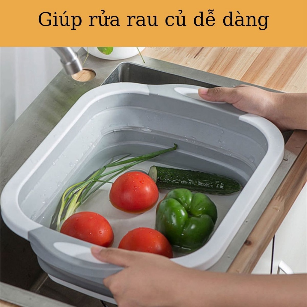 Thau Chậu Rửa Gấp Gọn Kiêm Thớt Thái Rổ Đựng Đa Năng Tiết Kiệm Diện Tích