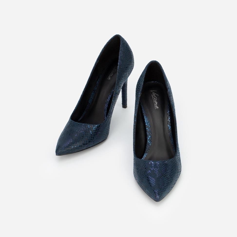 Vascara Giày Cao Gót Mũi Nhọn Vân Da Rắn Phối Metallic BMN 0479 Xanh Navy JH