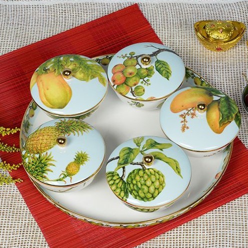 Khay mứt Ngũ Quả Minh Long sứ đẹp cao cấp, sang trọng, có nắp đậy tiện dụng,tặng quà tết