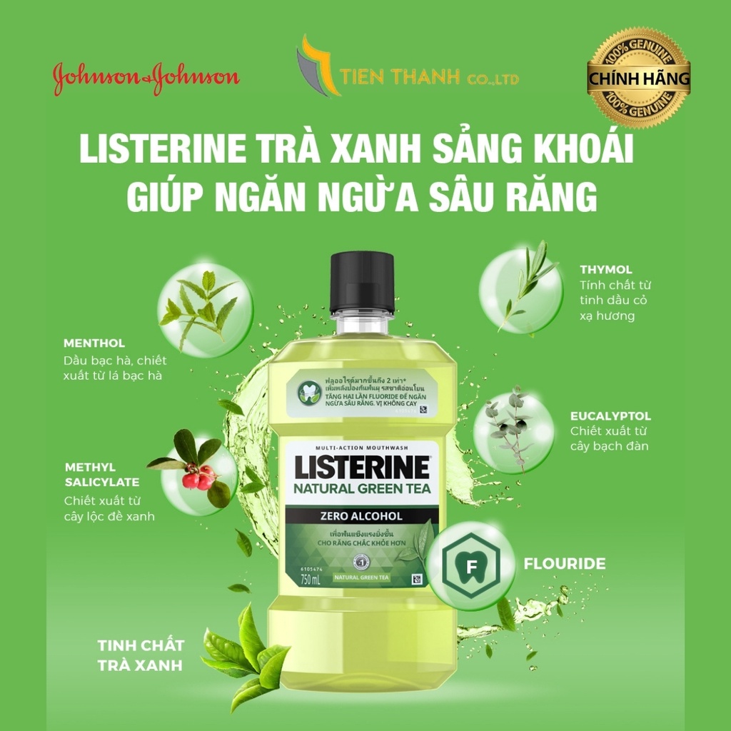 Listerine Natural Greentea diệt 99,9% vi khuẩn, mang lại hơi thở thơm mát-Hàng chính hãng.