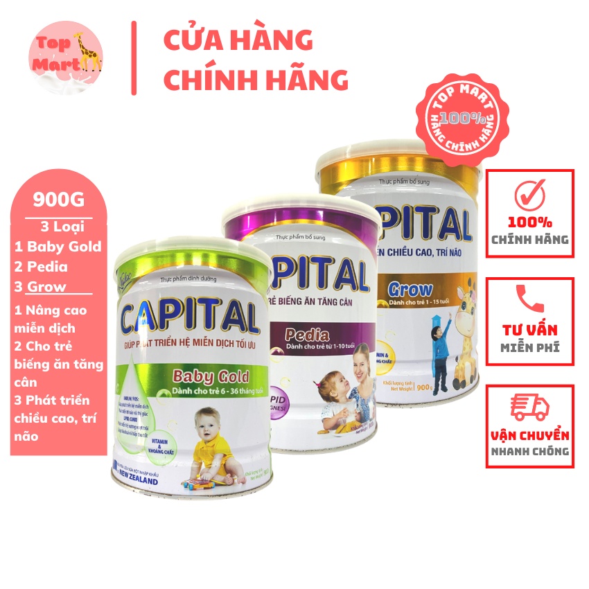 Sữa bột Capital Baby Gold, Pedia, Grow 900g - Phát triển hệ miễn dịch, biếng ăn tăng cân, phát triển chiều cao trí não
