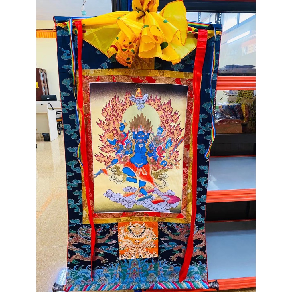 Tranh Thangka gấm xanh song long 1.35m