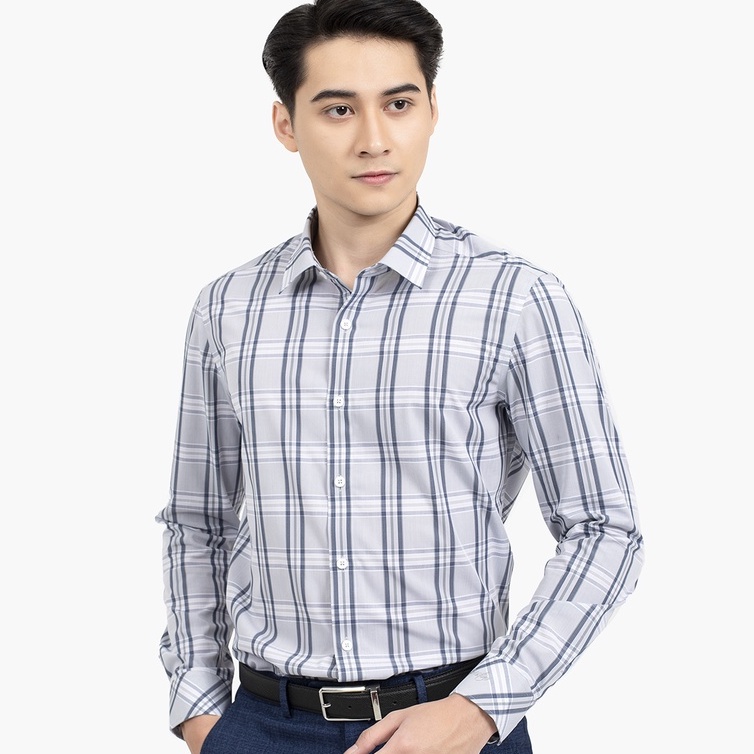 Áo sơ mi nam dài tay ARISTINO ALS35101 somi công sở chất liệu sợi tre cao cấp màu trắng kẻ xám dáng ôm không túi