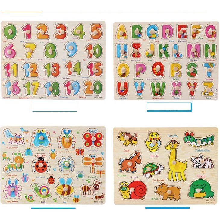 Combo 4 Bảng Gỗ Có Núm Cầm Chủ Đề Chữ Cái, Số, Động Vật Và Côn Trùng Cho Bé Lắp Ghép