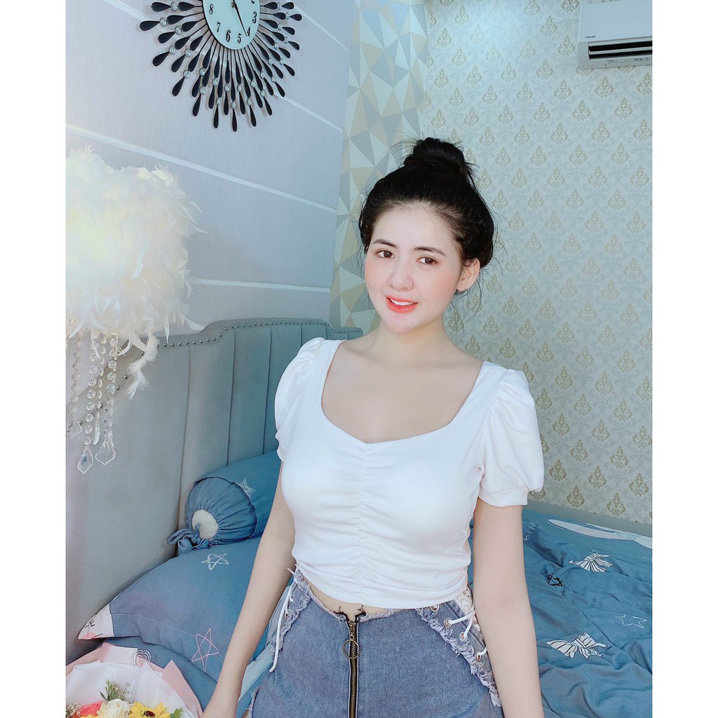 áo thun bozip croptop hở lưng v rút dây ngang sau xinh xắn kèm mút