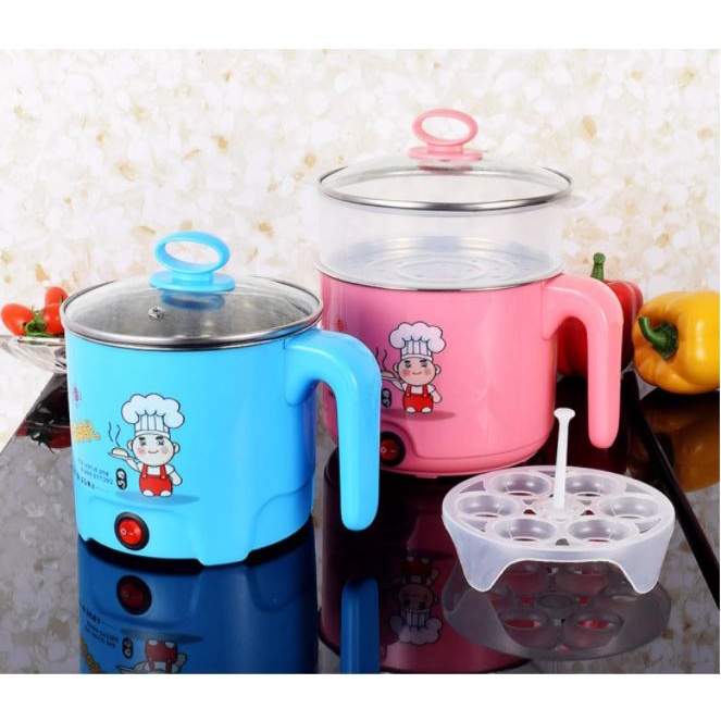 Nồi Lẩu Mini Ca Nấu Mì Điện Đa Năng 18cm Có Tay Cầm Tiện Dụng - Tặng Kèm Xửng Hấp Inox 2 Tầng Cao Cấp
