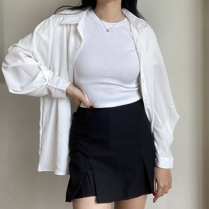 [SET 2 MÓN] Set áo len tăm màu trắng cổ tròn + quần giả chân váy chữ A xẻ tà thời trang ulzzang mùa hè đi chơi basic