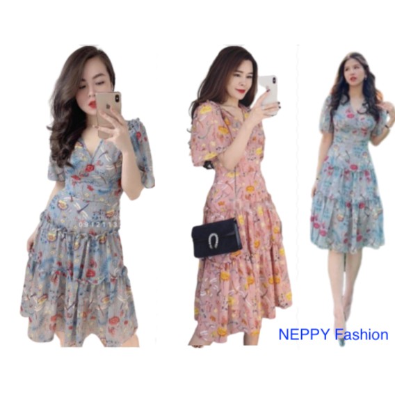 Váy Hoa Nhí Maxi Đi Biển Voan lụa Cổ V Tùng Nhún Xoè Đầm Nữ Xinh Neppy N0A64