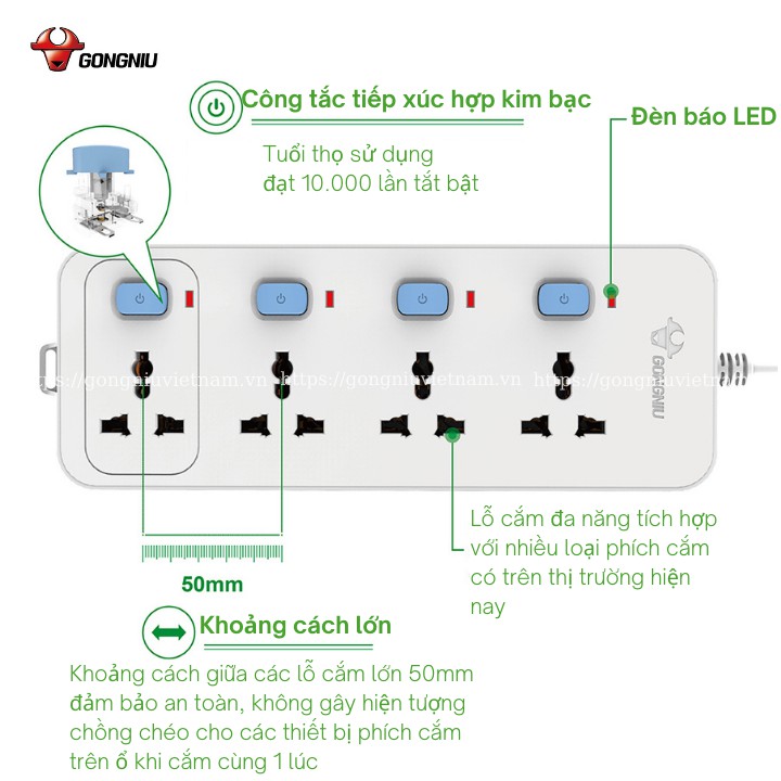 Ổ Cắm Điện Chống Cháy GONGNIU - 4 Ổ Đa Năng 4 Công Tắc – Công Suất 10A/250/2500W – Trắng – Chính Hãng