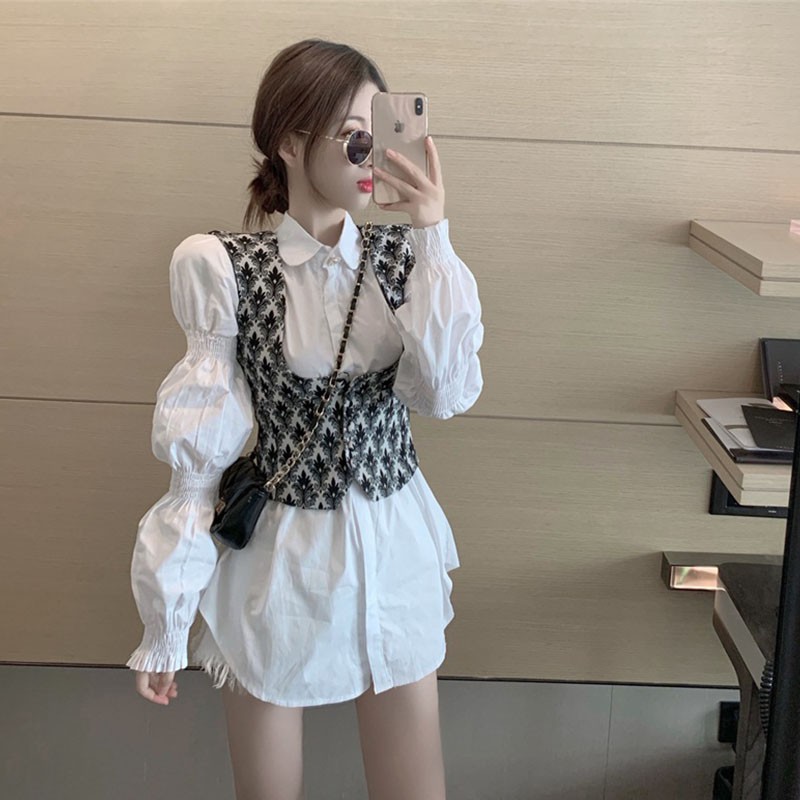 Bộ Áo Sơ Mi Trắng Tay Dài Phồng Màu Trơn + Áo Khoác Hoa Xẻ Tà Thời Trang