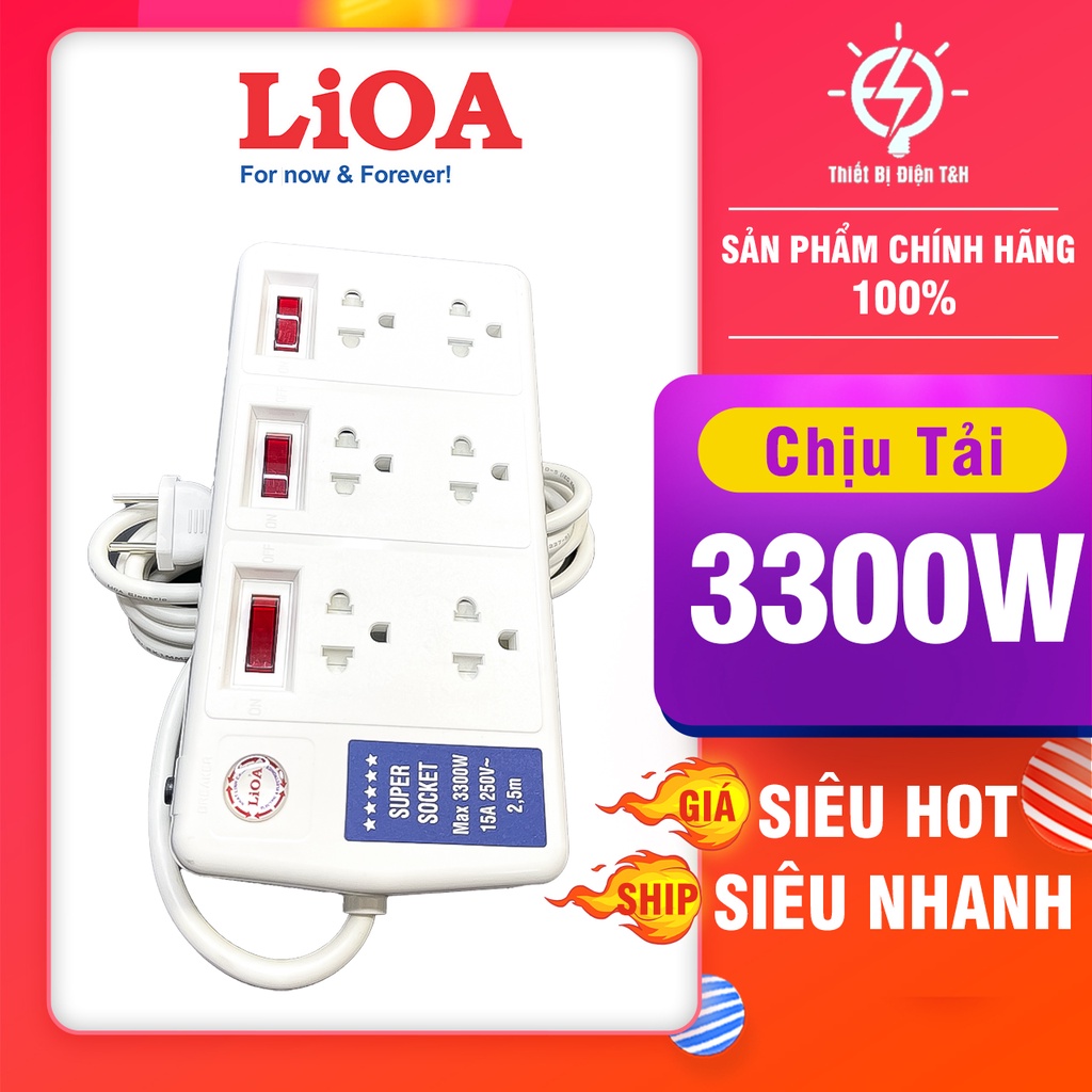 Ổ cắm điện công suất lớn, ổ cắm chịu tải 3300W, cao cấp, LIOA, 6 ổ cắm đa năng, 3 công tắc, 6SS2.5-2