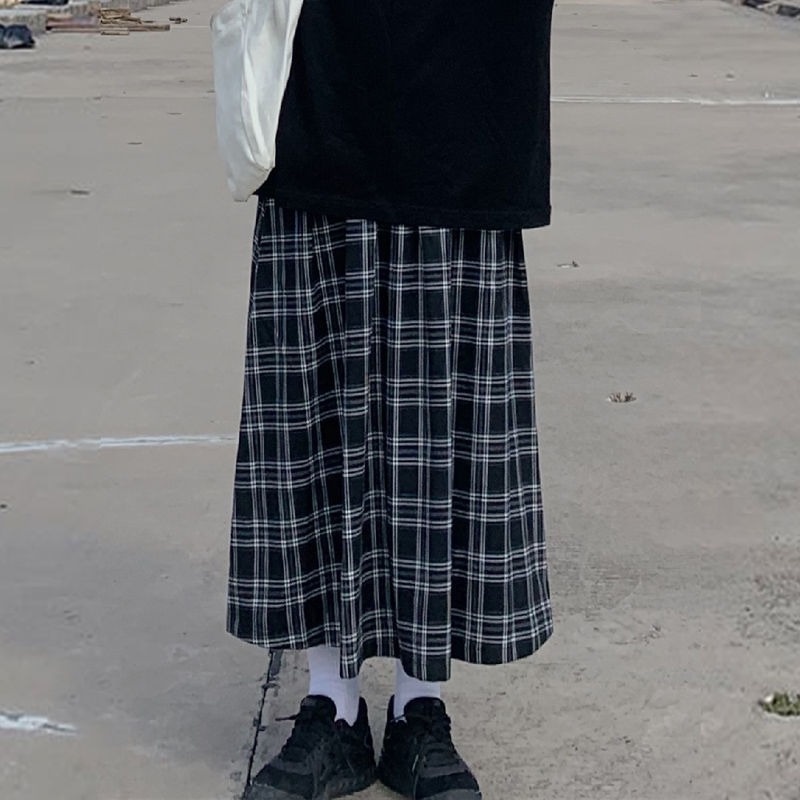 Chân Váy Chữ A Lưng Cao Họa Tiết Sọc Caro Phong Cách Retro Thời Trang Thu Đông Cho Nữ