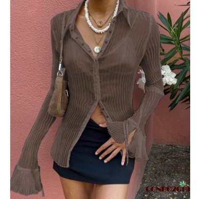 Áo Thun Tay Loe Dài Cổ Bẻ Màu Sắc Retro Thời Trang Mùa Thu Dành Cho Nữ