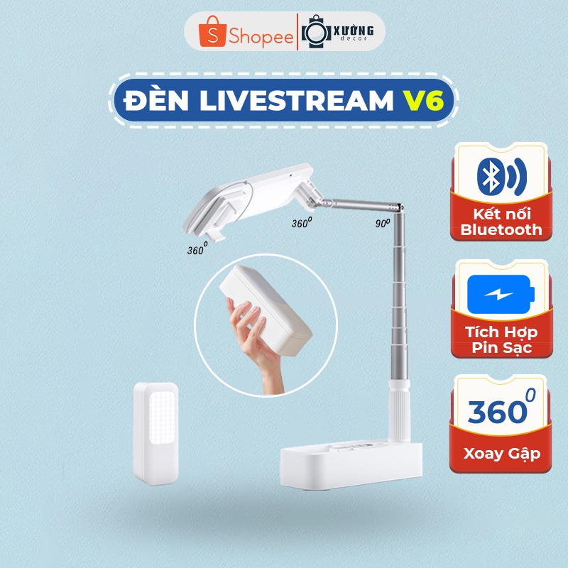 Đèn livestream gập gọn  Stand Box V6 xoay gập 360 độ để bàn, kết nối bluetooth điều khiển chụp ảnh từ xa, có pin sạc