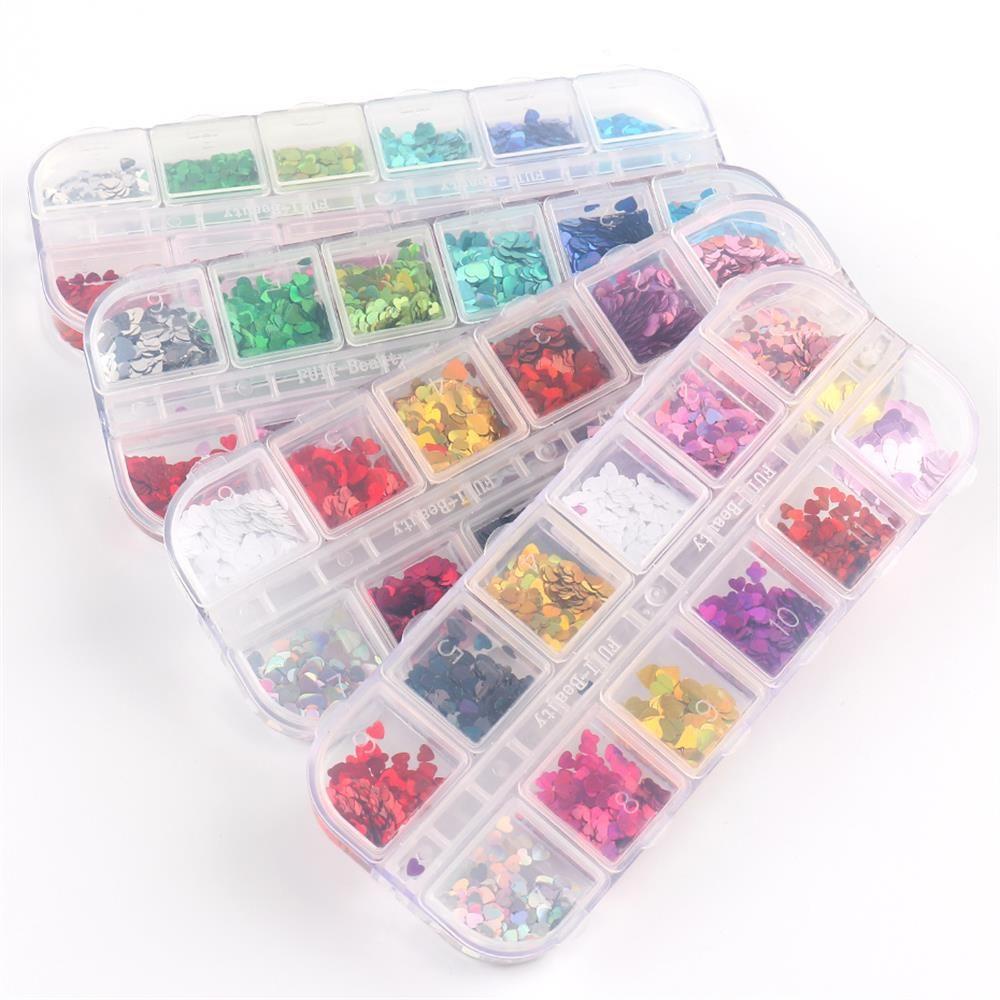 Hộp 12 Ngăn Sequin Hình Trái Tim 3D Lấp Lánh Dùng Trang Trí Móng Nghệ Thuật DIY