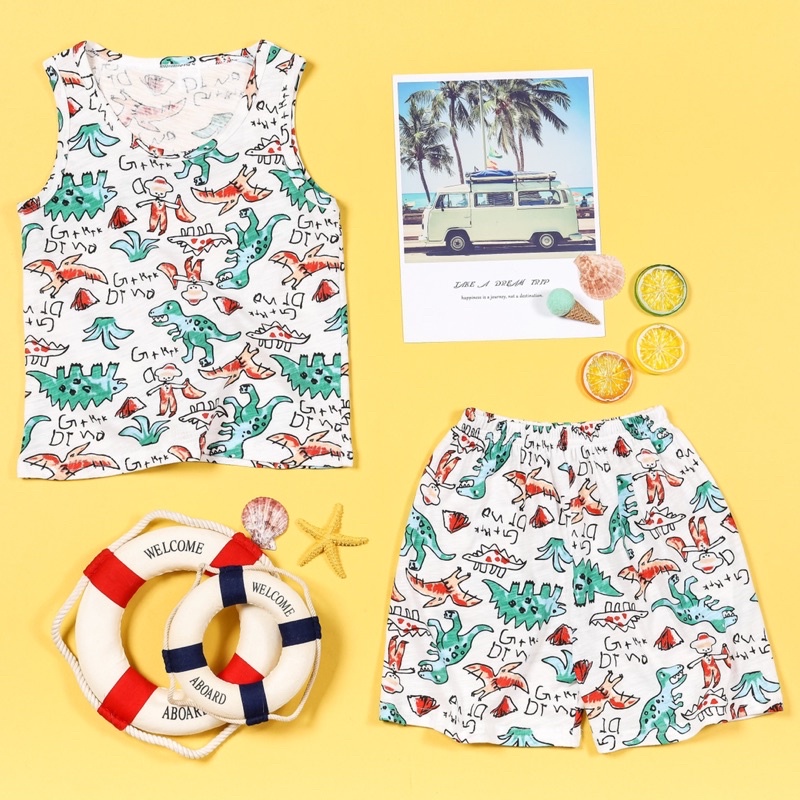 NT048 Bộ ba lỗ, sát nách vải cotton xước xuất Hàn cho bé trai hoạ tiết khủng long