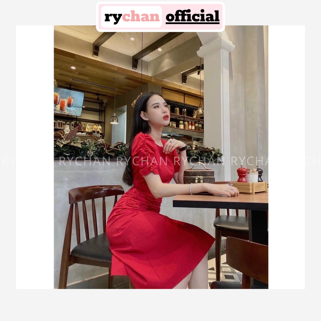 Đầm Xòe Midi Tay Phồng Nhún Sườn 2 Màu Trắng Đỏ Sang Trọng [Ảnh Thật Cuối] - DX0096
