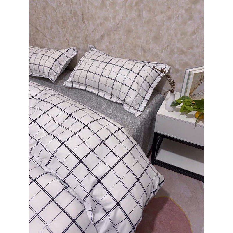 Set Chăn Ga Cotton Poly Kẻ Caro Trắng Ga Dạ Xám Hàng Xuất Nhất (Shinbedding.shop)