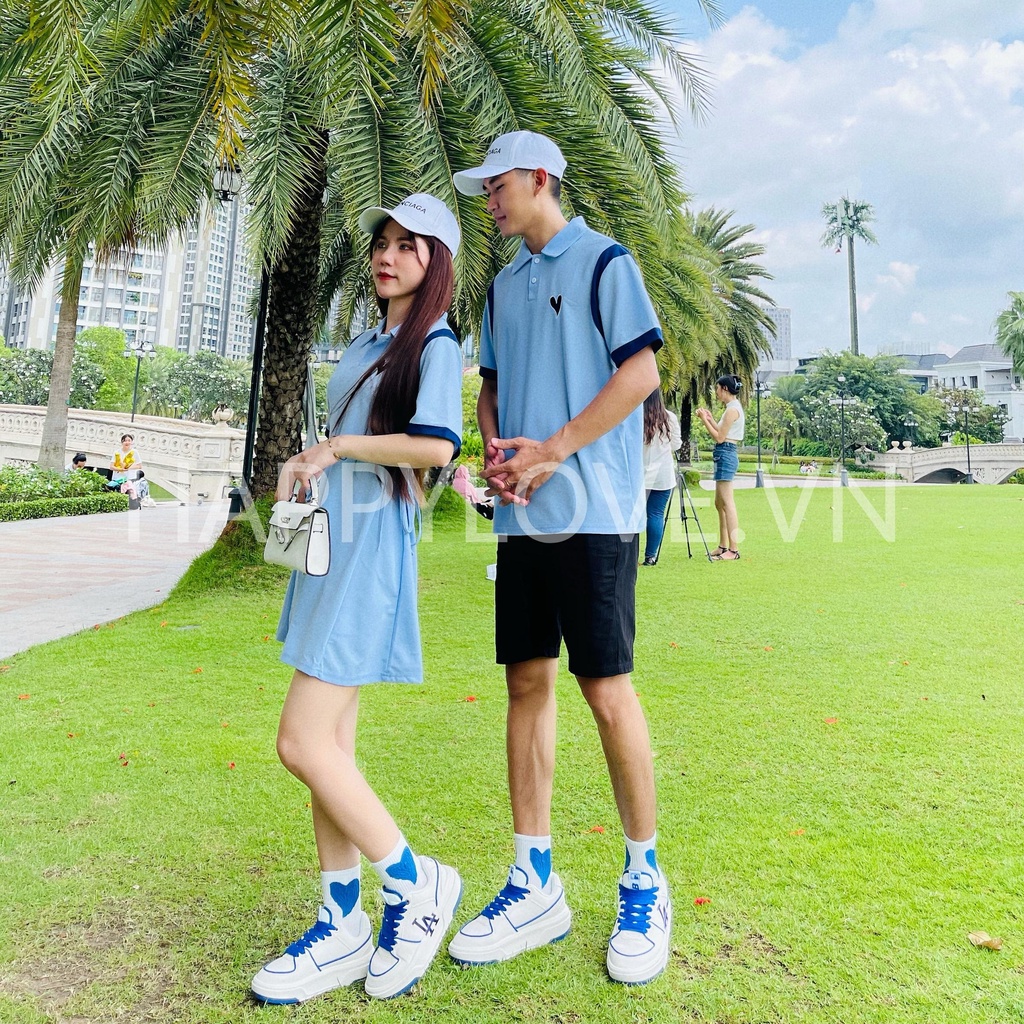 Set đồ đôi nam nữ couple Váy nữ Áo nam polo Hàn Quốc xanh dương HAPPYLOVE, Đồ cặp Đầm nữ Áo nam Quảng Châu cao cấp H24
