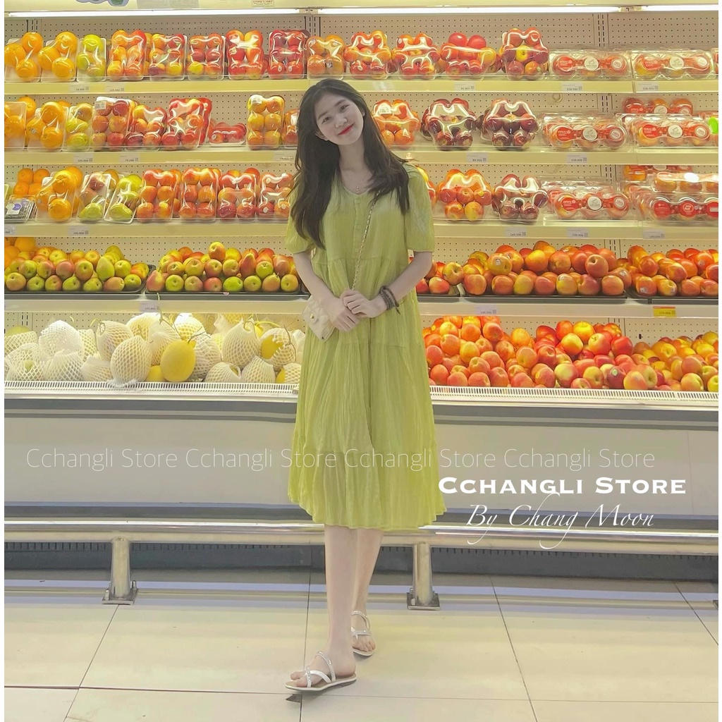 Đầm babydoll maxi V.118, Đầm dáng dài cổ V đũi xốp tay bồng dáng ngắn xếp tầng dễ thương - Thời trang nữ Chấm Bi