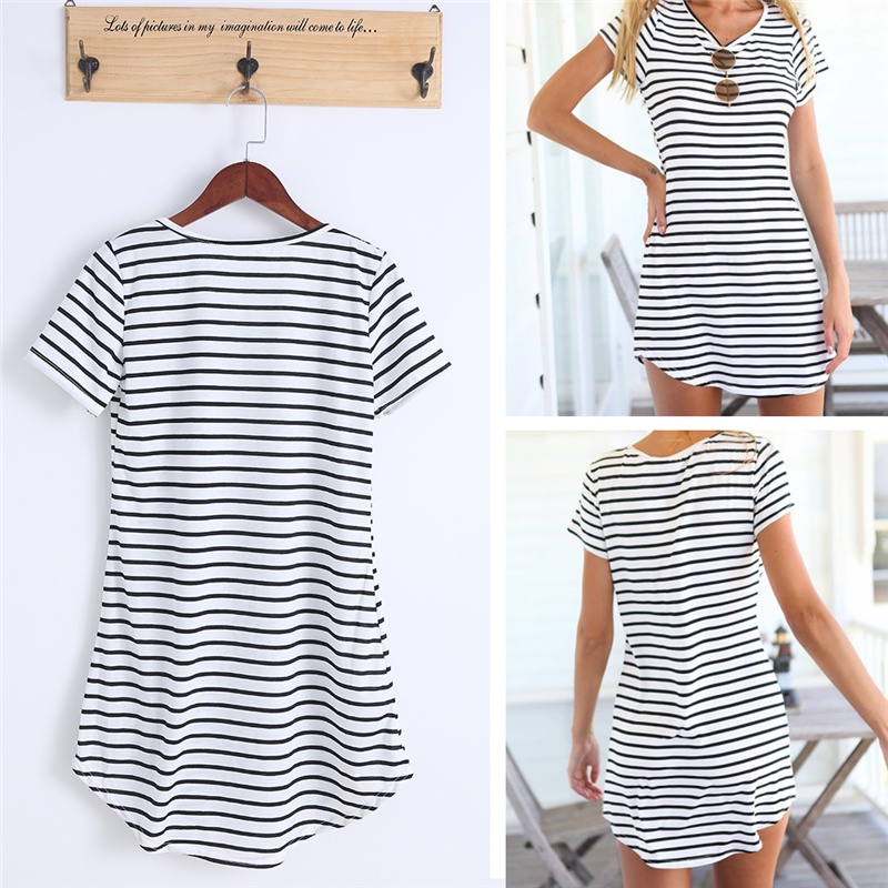 Đầm Thun Ngắn Tay Cổ Tròn Dáng Rộng Họa Tiết Kẻ Sọc Thời Trang Mùa Hè Cho Nữ
